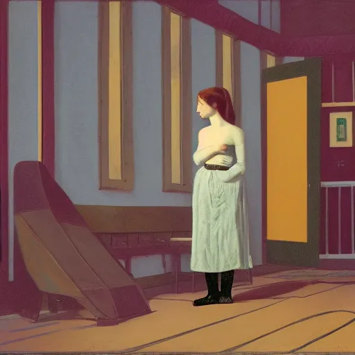 Image similar to a a lonely girl in a liminal room, film still by wes anderson, depicted by velazquez, limited color palette, very intricate, art nouveau, highly detailed, lights by hopper, soft pastel colors, minimalist
