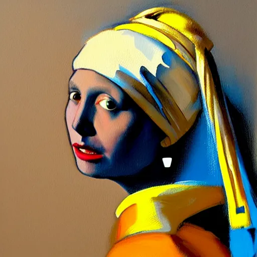 Image similar to greg manchess portrait painting of the boy with the pearl earring with the face of elon musk, medium shot, asymmetrical, profile picture, organic painting, sunny day, matte painting, bold shapes, hard edges, street art, trending on artstation, by huang guangjian and gil elvgren and gerald brom