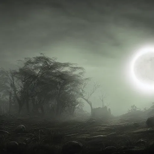 Prompt: sun eclipse, nature, creepy atmosphere, dark ambient, art, artstation, highly detailed, 8 k