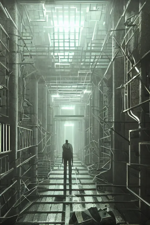 Prompt: inside of an underground factory with ladders, walkways, doors, like maze, rendered in octane, in the style of 1984, dystopian, sci fi, v-ray, cinematic composition, hyperdetailed, artstation, cgsociety, 8k