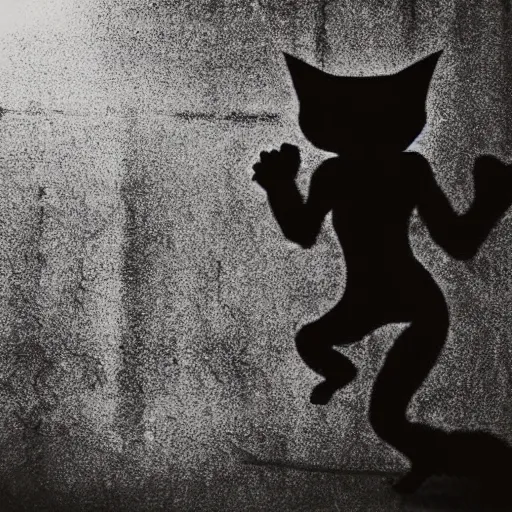 Image similar to A creepy scary looking cat emerging from the shadows while a demon dances around