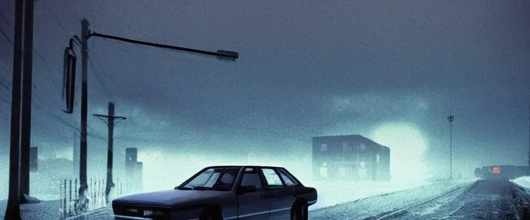 Image similar to Aqua Metallic Audi 80 RS 2 Avant (1995), black car, a gritty neo-noir, dramatic lighting, cinematic, eerie person silhouette, death, homicide, establishing shot, extremely high detail, photorealistic, cinematic lighting, artstation, by simon stalenhag, Max Payne (PC) (2001) winter new york at night, flashing lights, Poets of the Fall - Late Goodbye