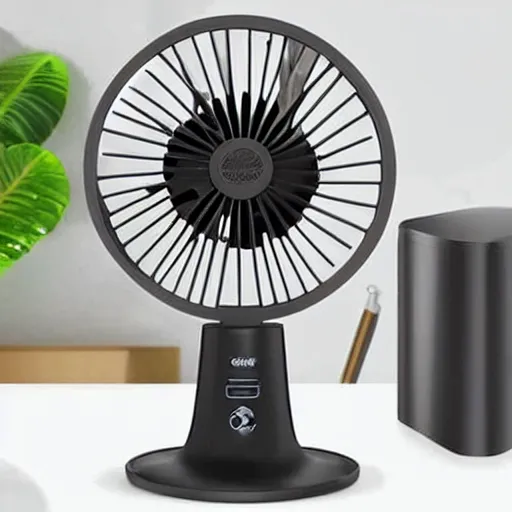 Prompt: desk fan with a funnel attached to the back leading to the top of the room