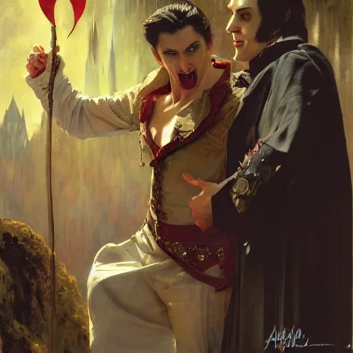 Image similar to attractive male, arthur pendragon confesses his love to attractive male dracula the vampire. highly detailed painting by gaston bussiere, craig mullins, j. c. leyendecker 8 k