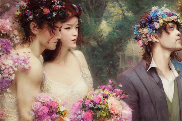 Image similar to the groom look at the bride at a wedding full of flowers, bright and happy, dreamlike art, highly detail, 4 k realistic, wedding photoy krenz cushart, artem demura, yoji shinkawa artgerm, jon lothian, danilo torres. adi meyers. thomas reimann. gaston bussiere.