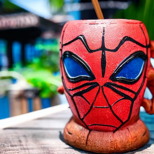 Image similar to a closeup photorealistic capture of glossy spider man style tiki mug at an outdoor trader vic's bar featuring the face of spider man. tiki theme. bright scene. fine detail. this 4 k hd image is trending on artstation, featured on behance, well - rendered, extra crisp, features intricate detail, epic composition and the style of unreal engine.