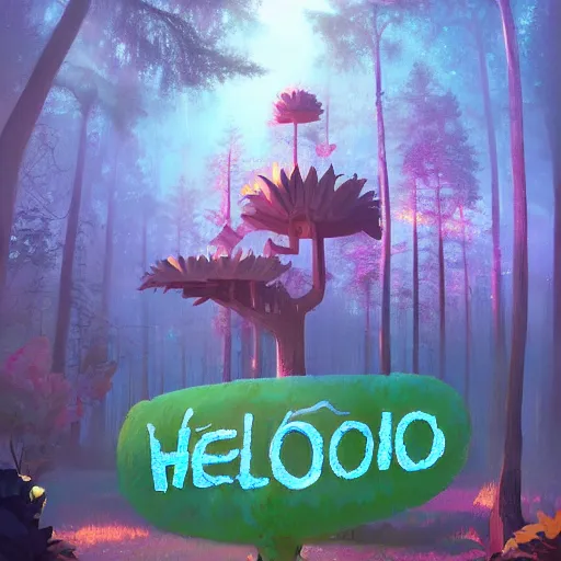 Prompt: a sign that says 'Hello World', fairy forest, by Beeple, RHADS, and Greg Rutkowski, trending on artstation, unreal engine, 4k, high quality render, digital art