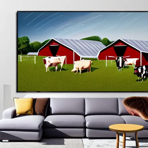 Image similar to interior view of modern futuristic farm barn architecture and interior design showing cows laying down on sofas and pigs and chickens sitting in lounge chairs, wall art, throw pillows, areas rugs, feed troughs, hay, detailed luminescent oil painting 4 k