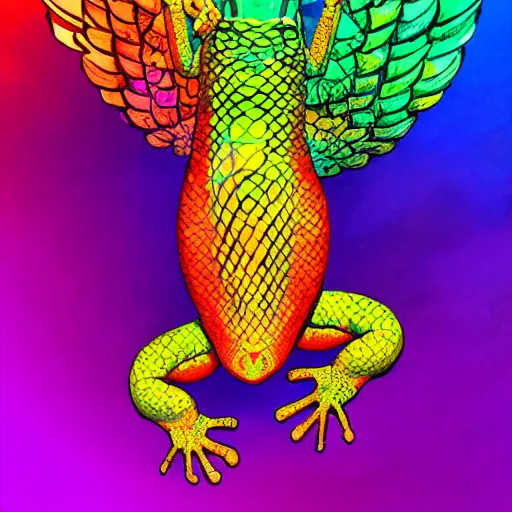 Prompt: toad with wings, rainbow snake, golden lizard, round dance, danceartstation, concept art, master illustration, details, good clear quality, fun - w 704