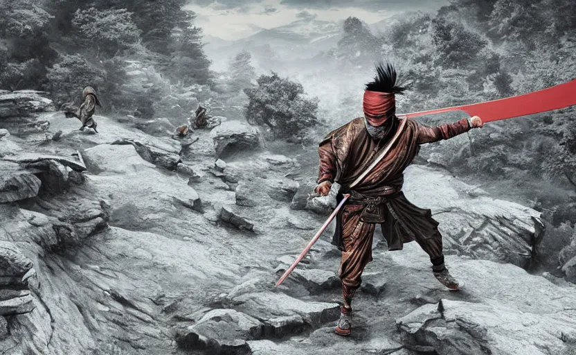 Prompt: highly detailed digital illustration of shinobi warrior running with katana through old, ruined, japanese village from sengoku period, surrounded by dense rock formations, high in mountains, cinematic lighting, photobash, raytracing, volumetric lighting