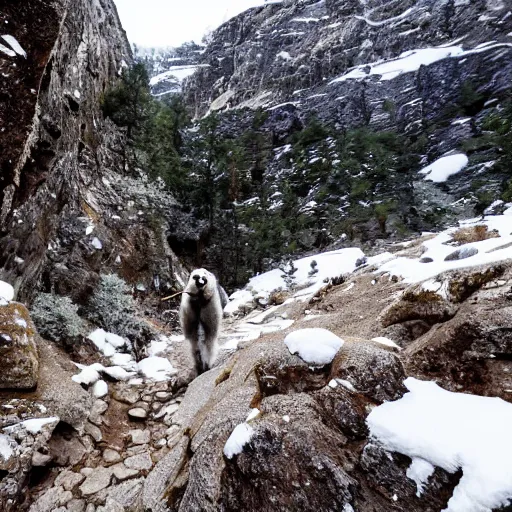 Prompt: A yeti walks along a snowy and rocky trail in a mountainous landscape
