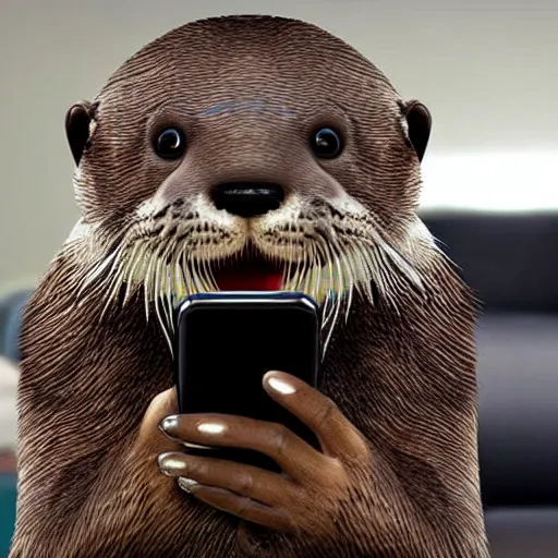 Prompt: an anthropomorphic otter using an android phone at home