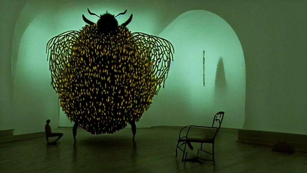 Image similar to the giant bumblebee in the living room, made of glowing wax, film still from the movie directed by denis villeneuve with art direction by zdzisław beksinski, wide lens