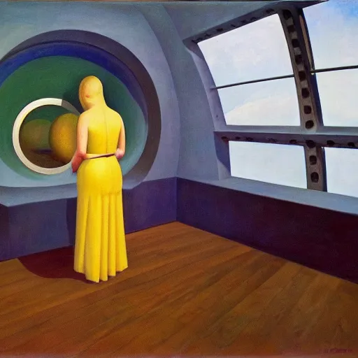 Image similar to giant bathysphere interior, portholes, comedic, dystopian, grant wood, pj crook, edward hopper, oil on canvas