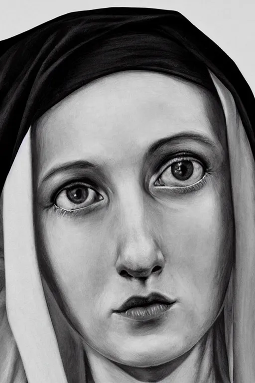 Prompt: hyperrealism extreme close-up portrait of young beautiful nun with long face and blue eyes, wearing hyper detailed black clothes, dark background, in style of classicism