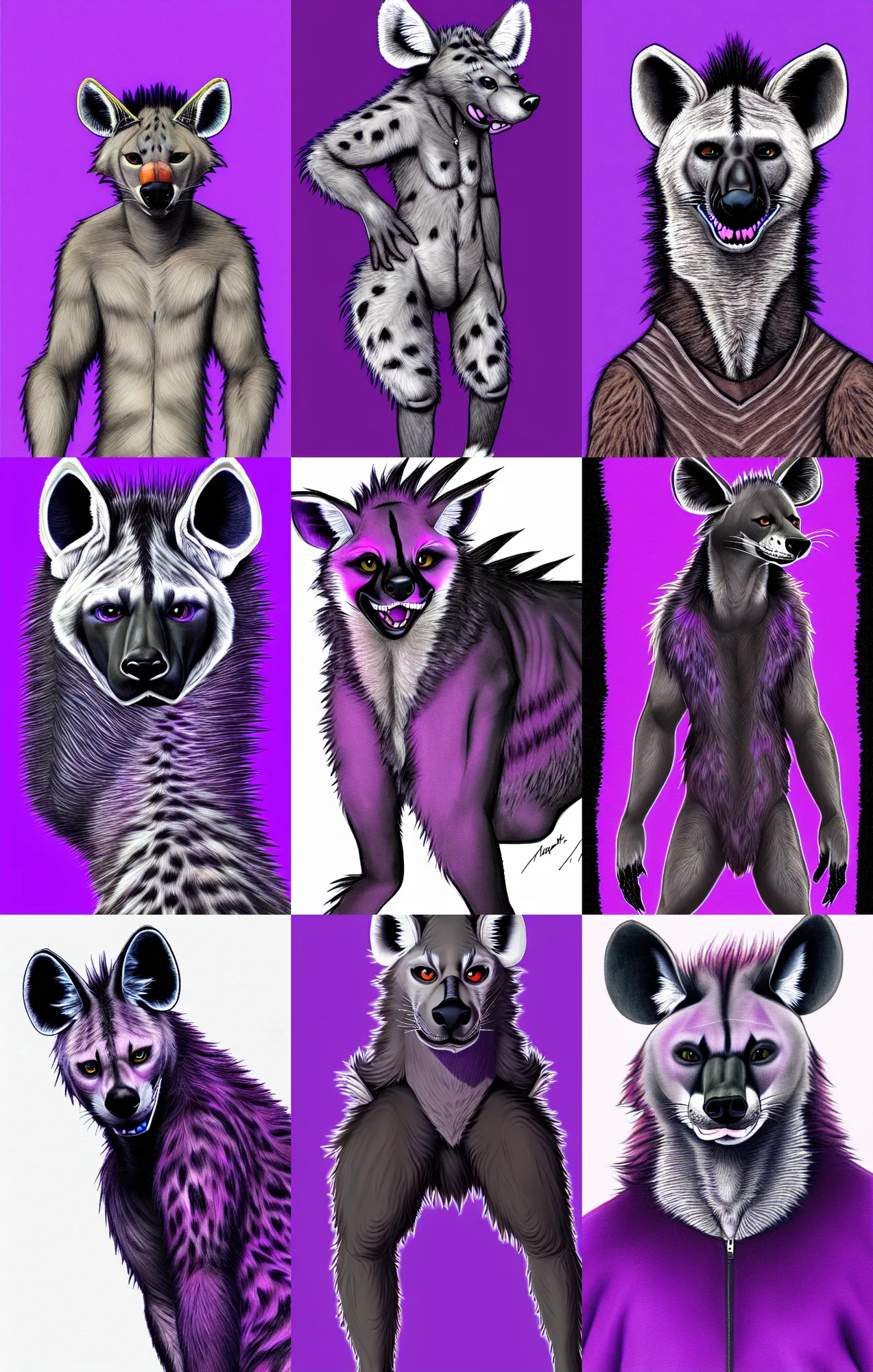 Prompt: a full - body centered front - perspective furry male fursona portrait, a male hyena fursona, purple and black fur color scheme, trending on weasyl, high - resolution, fine pen detailing, photorealistic