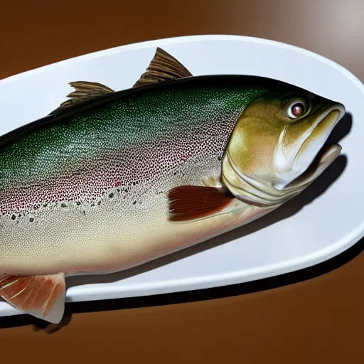 Image similar to a middle aged lawyer eating a trout, hyperrealistic, 4k, unreal engine