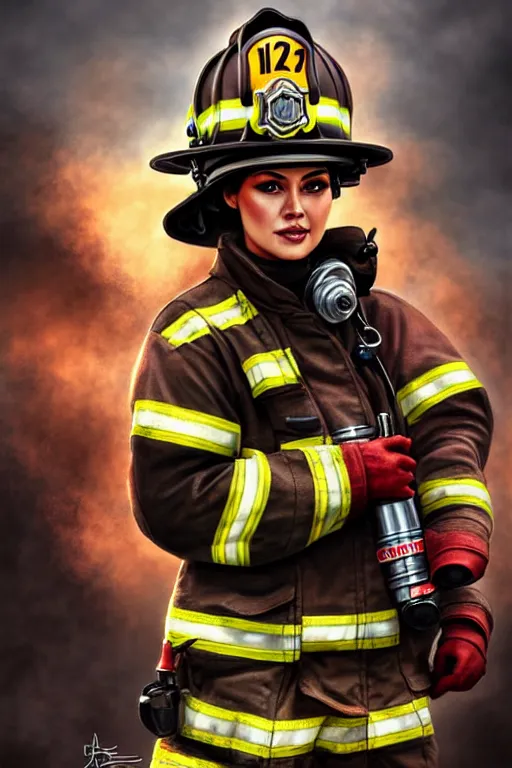 Image similar to firefighter, fantasy, highly detailed, 4 k, hdr, smooth, sharp focus, high resolution, award - winning photo, artgerm, photorealistic