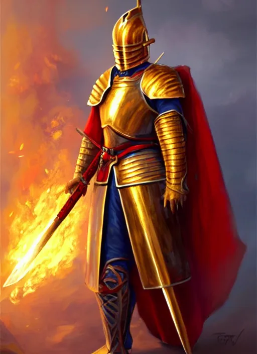 Image similar to knight with red plume, golden gold sword and big shield, fire background, fantasy rpg, firey environment, oil _ painting _ unreal _ 5 _ daz. _ rpg _ portrait _ extremely _ detailed _ artgerm _ greg _ rutkowski _ greg