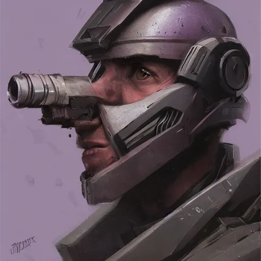Prompt: portrait of a man by greg rutkowski, a soldier of the galactic dominion, wearing a gray and purple tactical gear, star wars expanded universe, highly detailed portrait, digital painting, artstation, concept art, smooth, sharp foccus ilustration, artstation hq