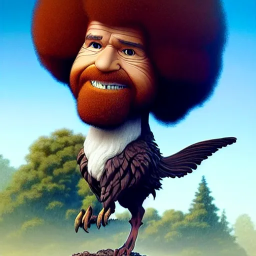 Image similar to bob ross!!! riding!!! a gryphon!!, giant afro!, model pose, ultra realistic, concept art, intricate details, highly detailed, photorealistic, octane render, 8 k, unreal engine. art by artgerm and greg rutkowski and alphonse mucha