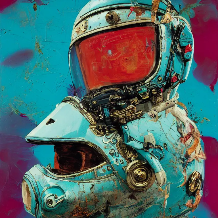 Prompt: portrait of a military fighter pilot in ornate motorcycle dirt helmet in a helmet background turquoise plastic bag, circuitboard,, rich deep colors, ultra detail, by francis bacon, james ginn, petra courtright, jenny saville, gerhard richter, zdzisaw beksinsk, takato yamamoto. masterpiece, elegant fashion studio ighting 3 5 mm