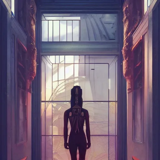 Prompt: scifi indoor liminal space, golden light, greg rutkowski, palm trees, pink door, minimalistic, hyperrealistic surrealism, award winning masterpiece with incredible details, epic stunning, infinity pool mirrors, a surreal vaporwave liminal space with mirrors, highly detailed, trending on artstation, artgerm and greg rutkowski and alphonse mucha, daily deviation