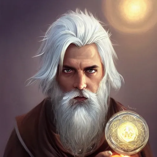 Image similar to a man with white hair and beard, wearing nomadic clothing holding a soul jar portrait, backlight, rim lighting, deep focus, d & d, fantasy, intricate, elegant, highly detailed, digital painting, artstation, concept art, matte, centered, sharp focus, illustration, hearthstone, art by artgerm, greg rutkowski and alphonse mucha