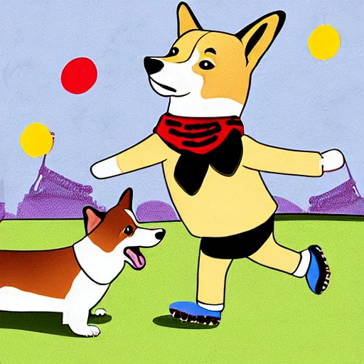 Image similar to illustration of french boy playing football with a corgi wearing a polka dot scarf in paris