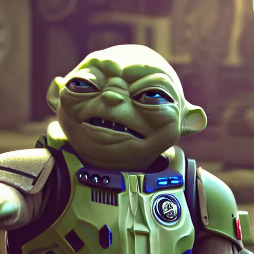 Image similar to yoda as buzz lightyear buzz lightyear in gears of war, splash art, movie still, cinematic lighting, dramatic, octane render, long lens, shallow depth of field, bokeh, anamorphic lens flare, 8 k, hyper detailed, 3 5 mm film grain