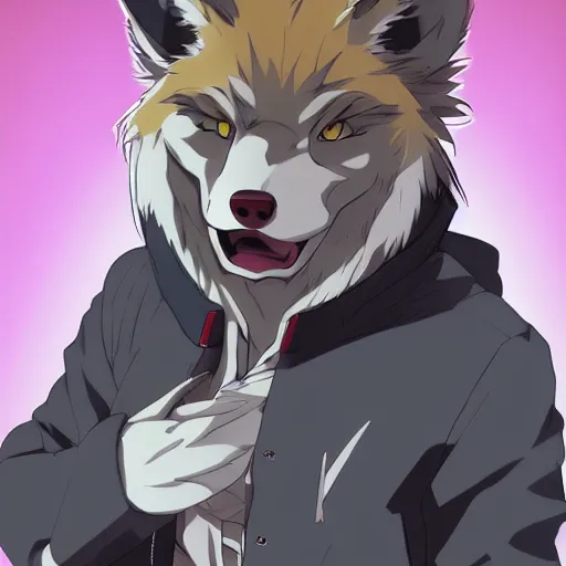 Image similar to key anime visual portrait of an anthropomorphic anthro wolf fursona, in a jacket, with handsome eyes, official modern anime art