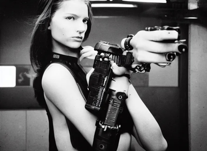 Image similar to close - up portrait of cyberpunk cyborg girl with a gun for an arm, in a futuristic subway, richard avedon, tri - x pan