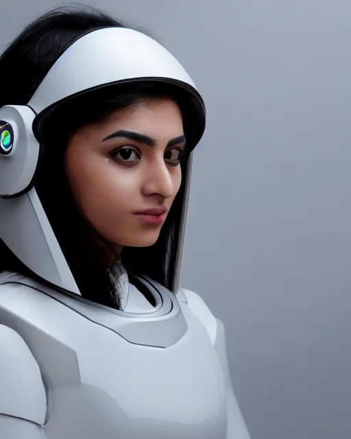 Image similar to centered medium shot fine studio photograph of a beautiful persian girl wearing a zoroastrian mecha electronic helmet with led lights, ultra-realistic, white background, 8k HDR morning light, intricate detail