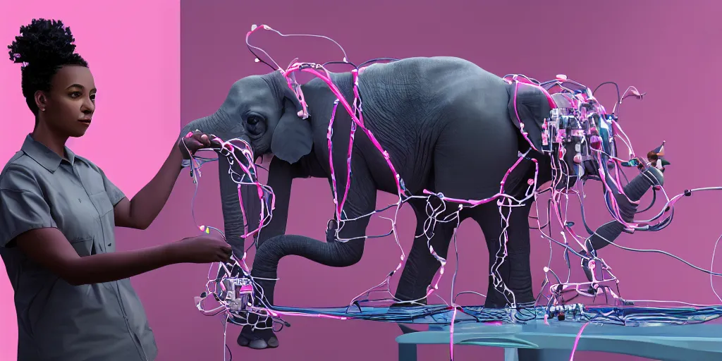 Prompt: a realistic painting of a black girl scientist constrocting a biohacked pink elephant robot with a lot of button potenciometers cables and wires, display, arduino, diy, biohacking, cyberpunk, biohacking, ultra detailed, ultra realistic, 8 k, chromatic aberration, dof