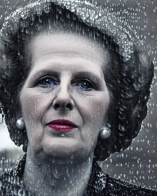 Image similar to margaret thatcher covered in rain, close - up, atmospheric moody hyper realistic award winning color cinematic still 8 k