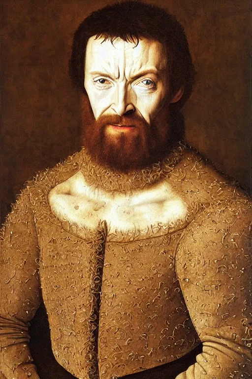 Image similar to portrait of hugh jackman, oil painting by jan van eyck, northern renaissance art, oil on canvas, wet - on - wet technique, realistic, expressive emotions, intricate textures, illusionistic detail