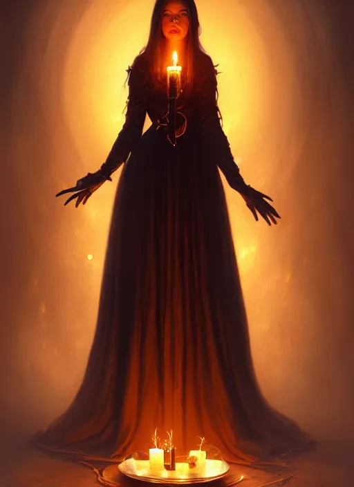 Image similar to portrait of a satanic witch standing and holding a candle, intricate, elegant, glowing lights, highly detailed, digital painting, artstation, glamor pose, concept art, smooth, sharp focus, illustration, art by artgerm and greg rutkowski, artey freytag