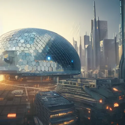 Image similar to a huge futuristic stadium for gladatior combat with a forcefield dome floating above a cyberpunk city, hexagonal shaped, elegant architecture, modern, epic light, elegant, artstation, intricate, highly detailed, ultra realist, hd, unreal engine, 3 d, hd