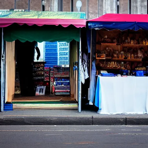 Prompt: a scene of a market stall on a street corner in the style of the ( minority report ) film taken from a distance, minimalist, blue and white, cinematic lighting