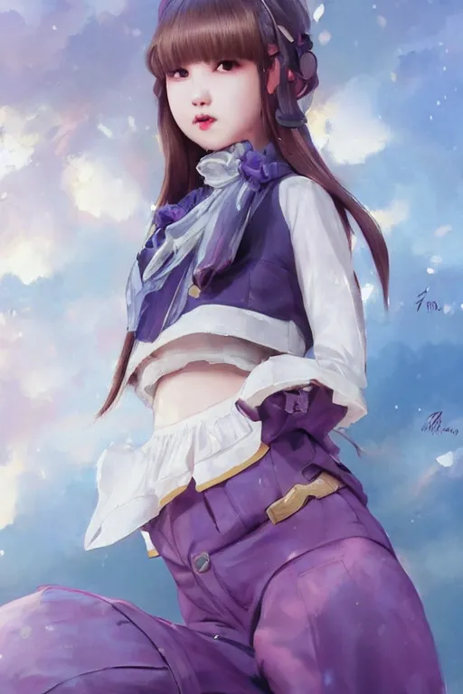 Prompt: Full View portrait of Eunha and other girls from Viviz and gFriend wearing a purple military uniform and short puffy pants, white leggings, Golden Ribbon, and a billowy scarf making a cute pose. masterpiece 4k digital illustration by Ruan Jia and Mandy Jurgens and Artgerm and greg rutkowski, award winning, Artstation, art nouveau aesthetic, Alphonse Mucha background, intricate details, realistic, panoramic view, Hyperdetailed, 8k resolution, intricate art nouveau