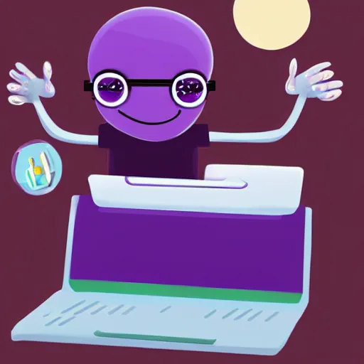Prompt: cute purple alien creature with glasses and multiple arms working on a laptop computer detailed painting