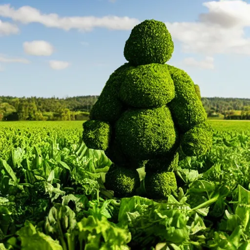 Prompt: a big giant made of vegetables standing in a field