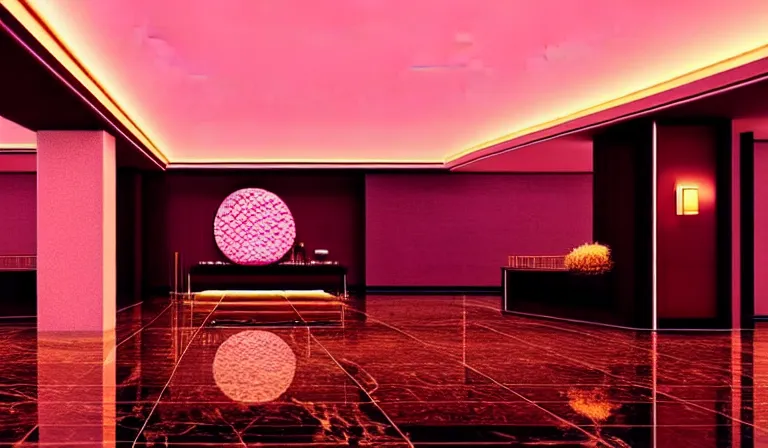 Image similar to a beautiful, sharp focus, clean lines. the interior of a vast 1 9 7 0 s luxury hotel lobby. leopard print. vaporwave ombre rendering. outrun style. trending on artstation. recommended for you behance. wes anderson colors. by chris moore. by edward hopper. ambient occlusion. digital matte painting. metropolis filmic. gotham city.