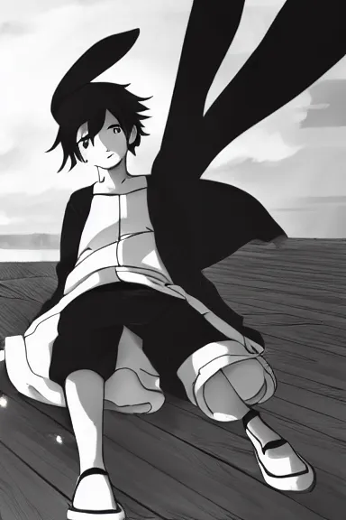 Image similar to attractive little boy wearing an bunny suit, black and white artwork in manga style, made by makoto shinkai