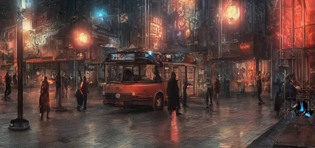 Image similar to some people waiting in a lone bus stop in qiet dark city, hyper detailed, orange red blue tones dramatic lighting, cgsociety, realistic, hyper detailed, insane details, intricate, dramatic lighting, hypermaximalist, golden ratio, rule of thirds, octane render, weta digital, micro details, ultra wide angle, artstation trending, 8 k,