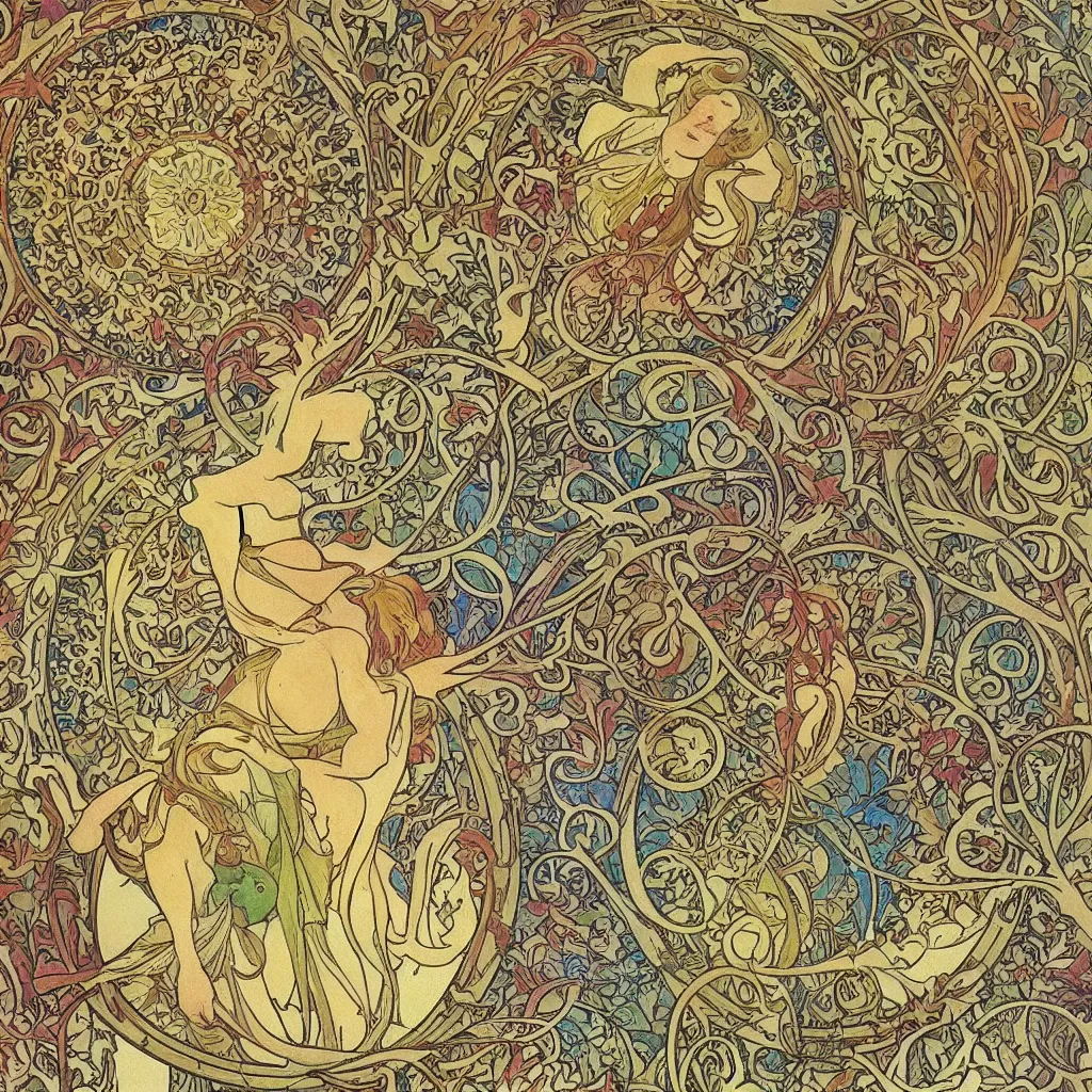 Image similar to colourful detailed ornamental photoreal shaded abstract art nouveau full sized circle, art by alphonse mucha and walter crane and louis sullivan and william morris