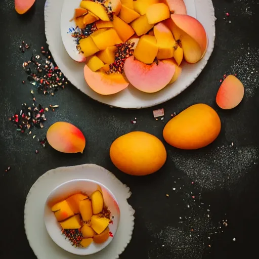 Image similar to beautiful photo a fairy made of peaches, mangoes and sprinkles, on a white plate, dslr