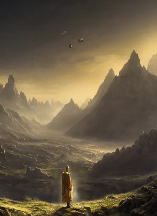 Image similar to a cosmic monk in lord of the rings scenery landscape, looking at a huge hovering spaceship in the sky, highly detailed, vivid color, cinematic lighting, perfect composition, 8 k, gustave dore, derek zabrocki, greg rutkowski, belsinski, octane render