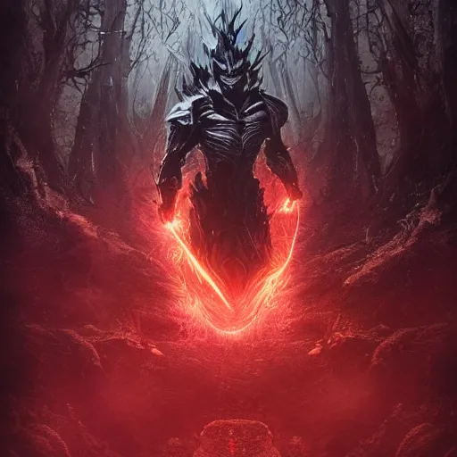 Prompt: extremely detailed artwork of an armored dark figure in a dark evil forest, super sayan, glowing hands, Sauron, Ultron, speedster, fantasy art, fog, heavy armor, knights armor, cinematic pose, pose, 8k UHD, villain. set in a dark evil forest where the entire forest floor is covered in dark red leaved, blood red leaves, atmospheric fog, moon lit