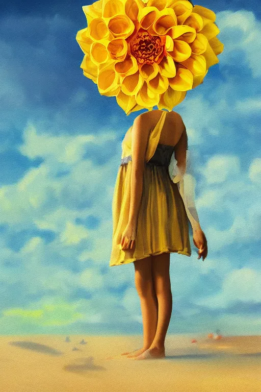 Prompt: closeup girl with huge yellow dahlia flower face, at beach, surreal photography, blue sky, sunrise, dramatic light, impressionist painting, digital painting, artstation, simon stalenhag
